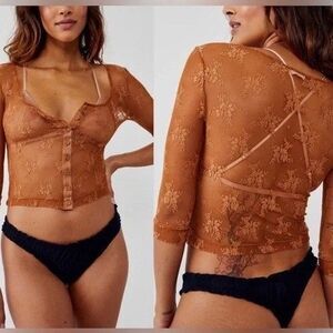 Free People Intimately Lost In Lace Cardi Size Medium Rust Brown Sheer